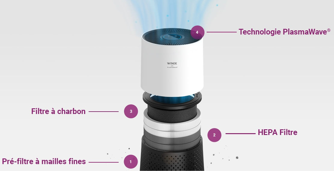 purificateur d’air Winix avec système de filtration multi-étapes comprenant préfiltre, filtre hepa, filtre à charbon actif et technologie plasmawave